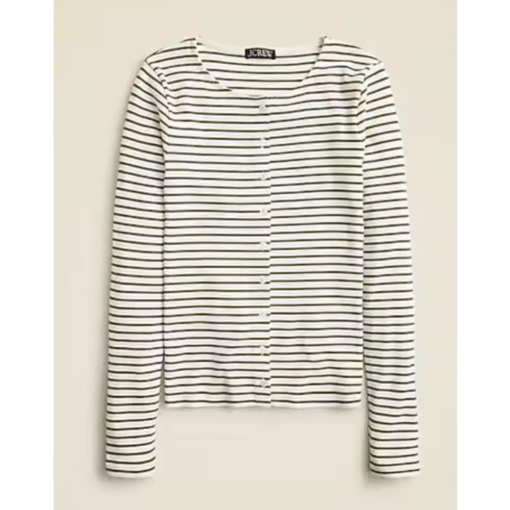 J Crew Fine Rib Knit Cardigan XS NWOT White Olive Green Button Top CI343 J.Crew